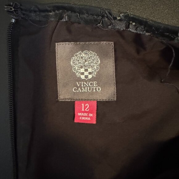 Vince Camuto Black Laser Cut Faux Leather Floral Lace Sheath Dress, Size 12 - Picture 7 of 12